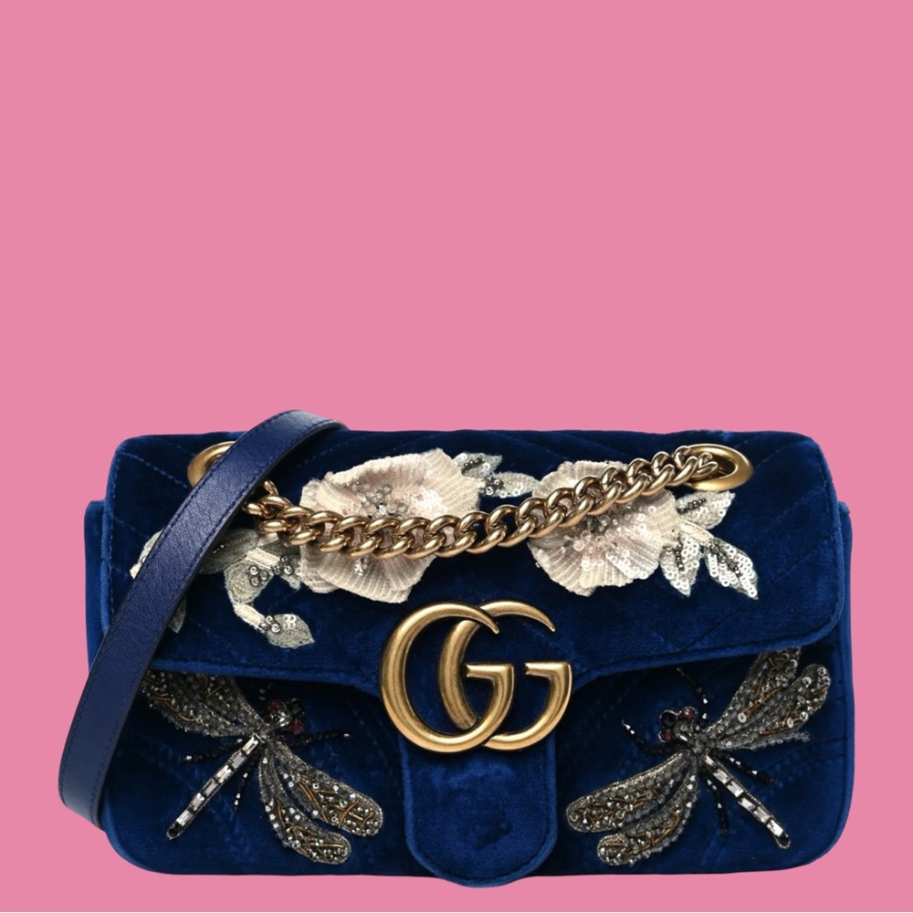 Gucci Velvet Matelasse Embroidered Mini GG Marmont Cobalt Blue